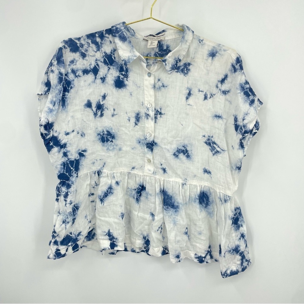 Rachael Zoe 100% linen Tie Dye Top Size Large white blue peplum Ruffle hem